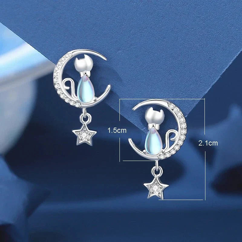 Orecchini gatto con luna e stella in argento sterling 925 con zirconi