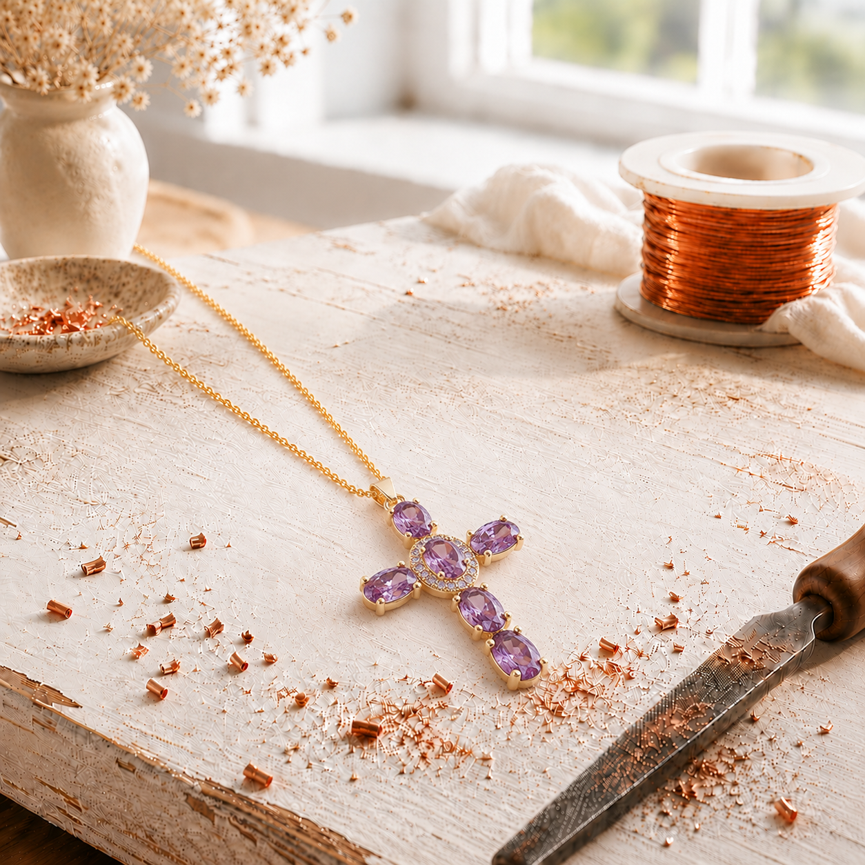 Alorin Cross Copper Zircon-laid Pendant with Chain