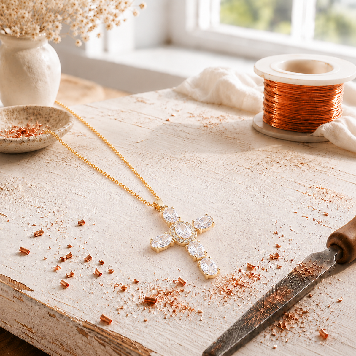 Alorin Cross Copper Zircon-laid Pendant with Chain