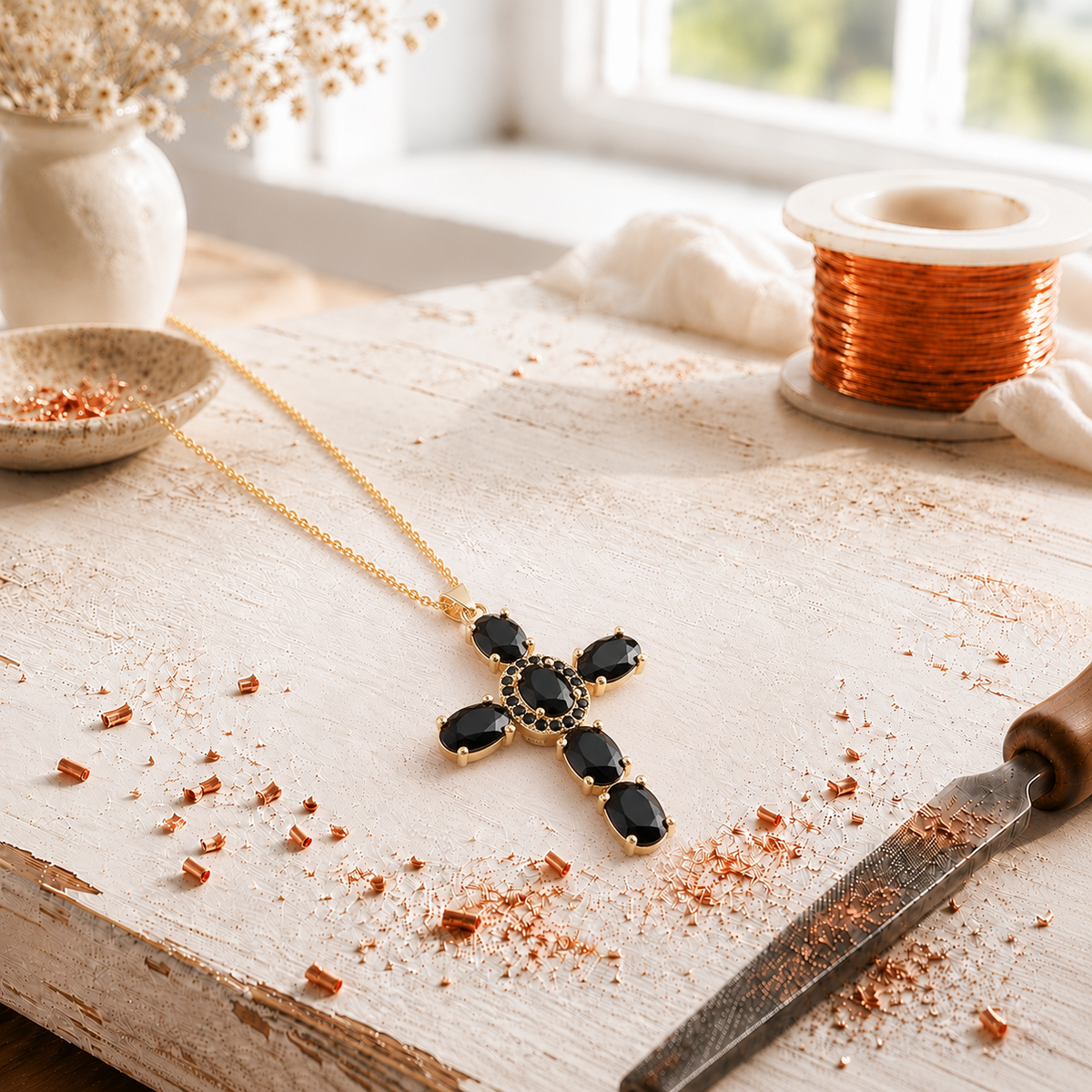 Alorin Cross Copper Zircon-laid Pendant with Chain