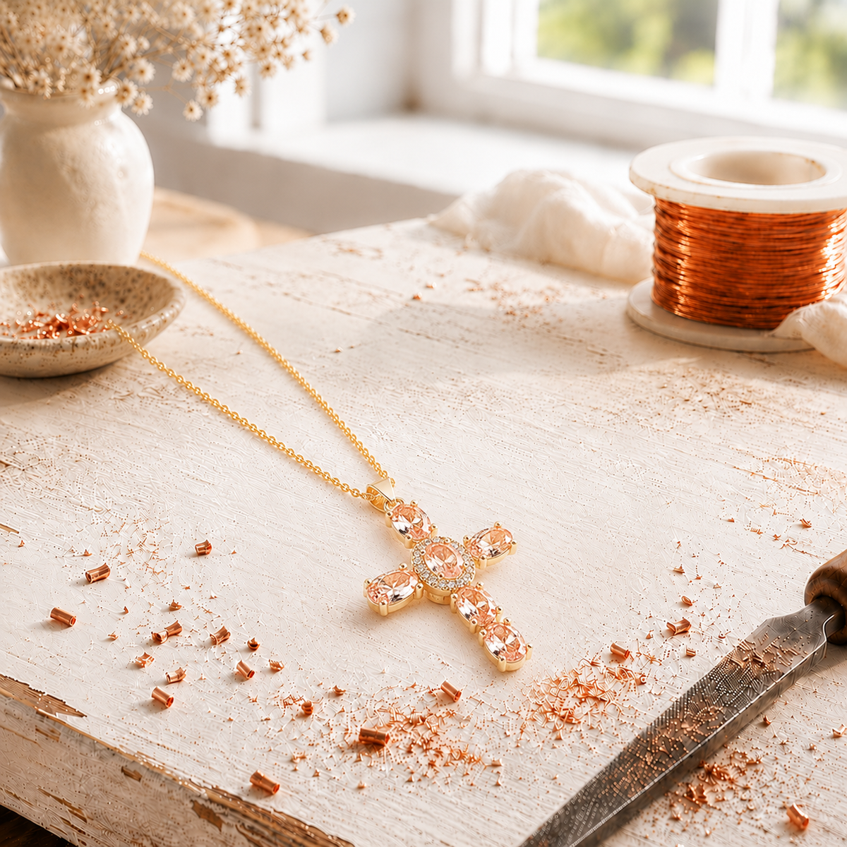 Alorin Cross Copper Zircon-laid Pendant with Chain