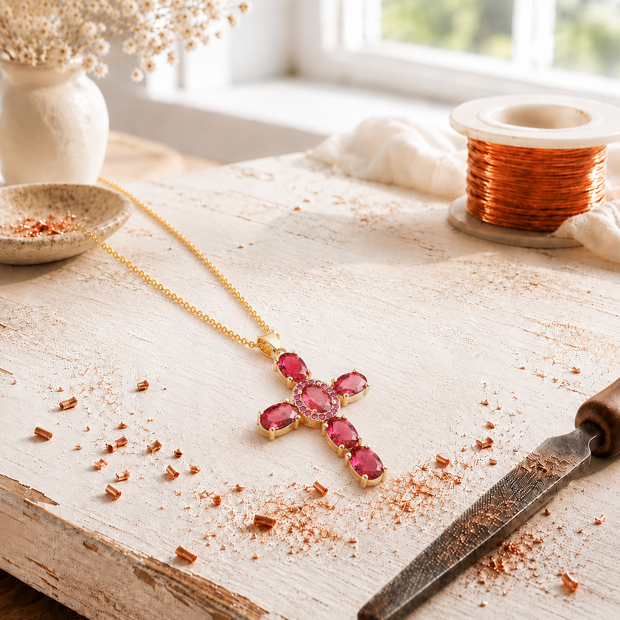 Alorin Cross Copper Zircon-laid Pendant with Chain