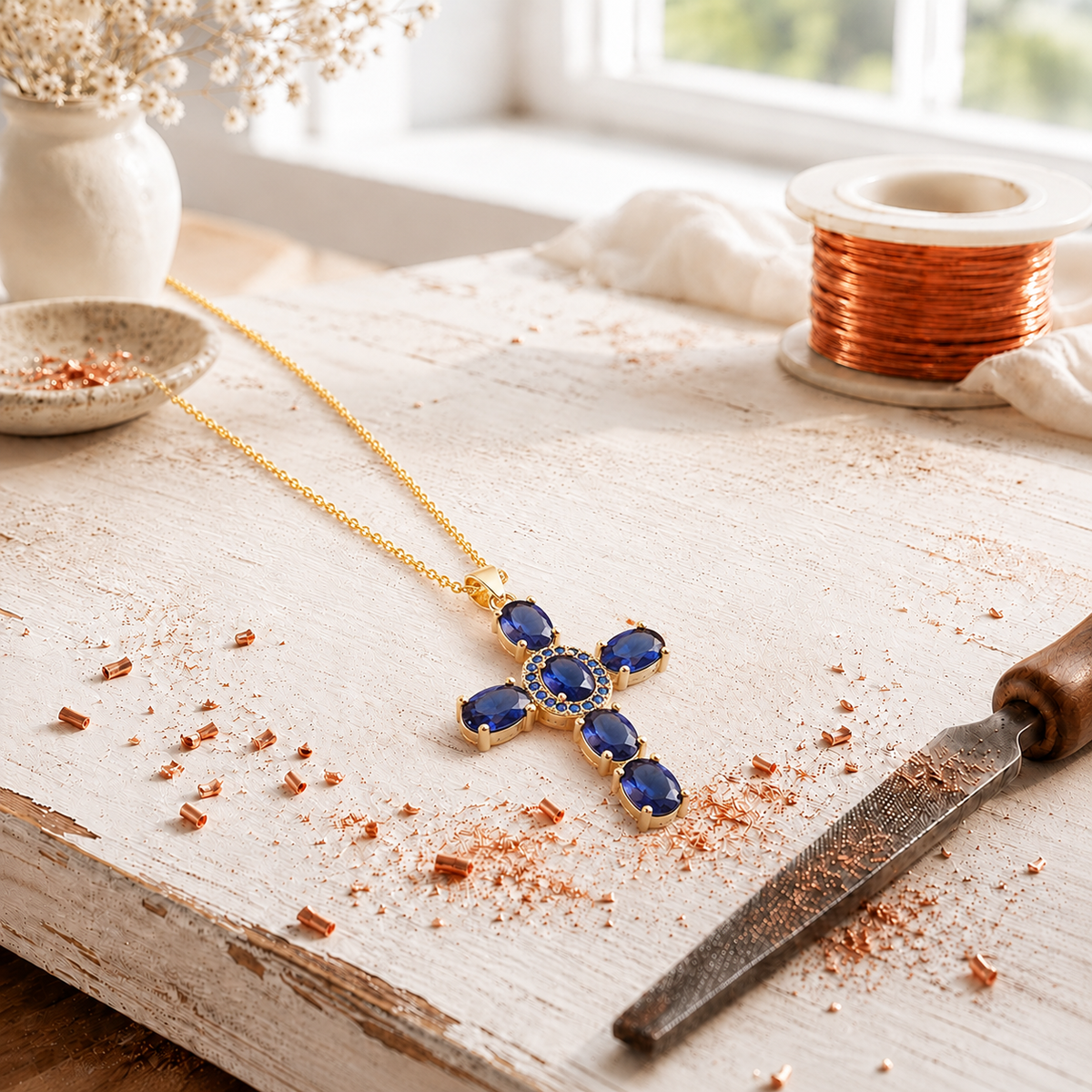 Alorin Cross Copper Zircon-laid Pendant with Chain