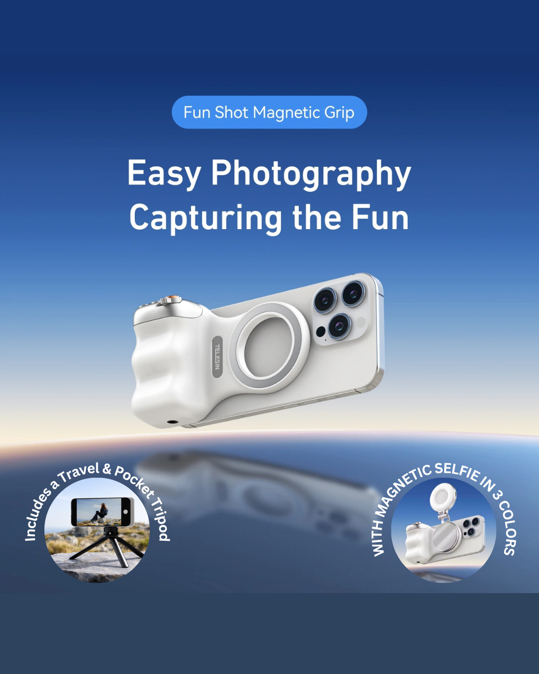 GripShot Pro – Magnetic Phone Camera Grip with Shutter & Magnetic Selfie Light 2.0 & Tripod