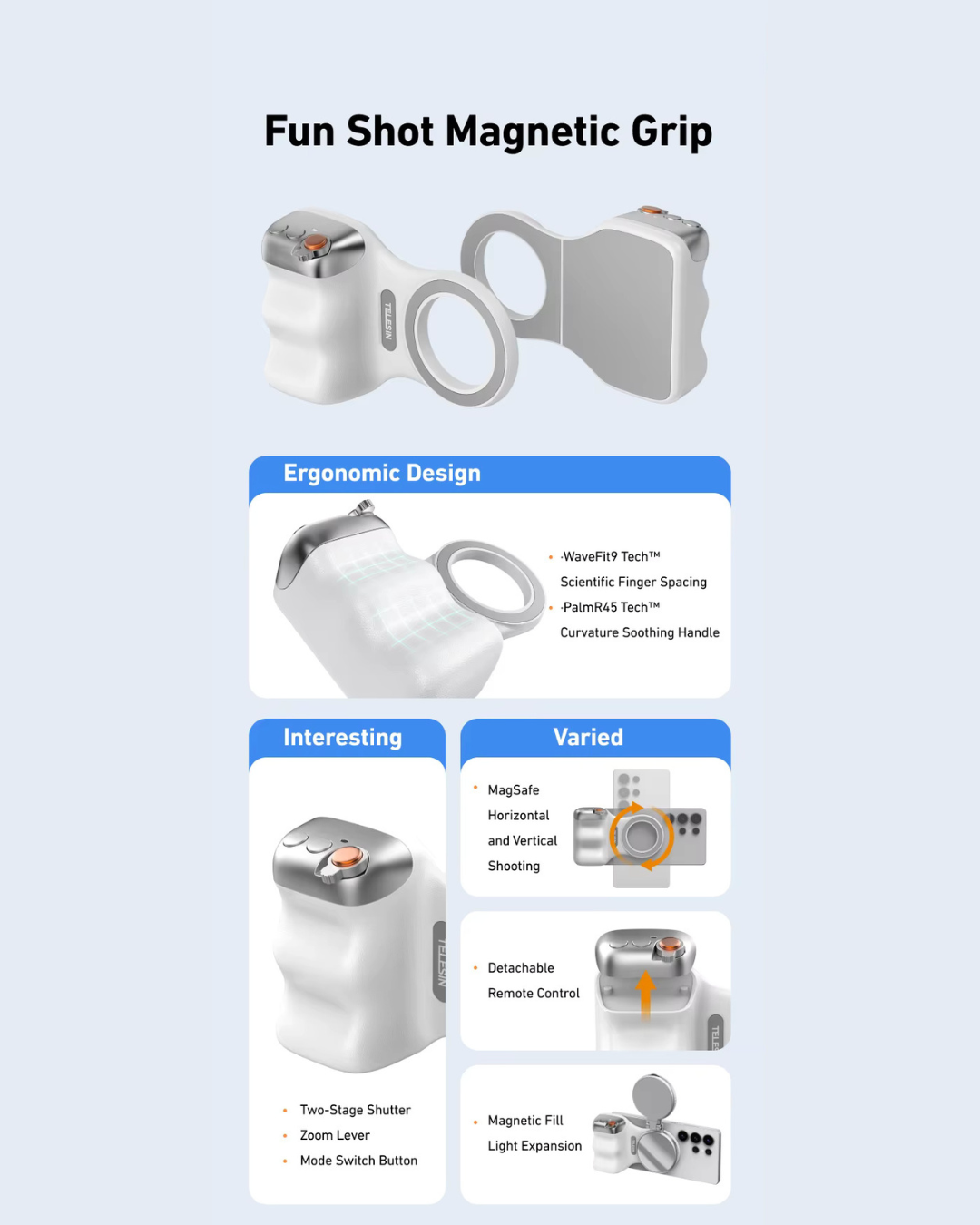 GripShot Pro – Magnetic Phone Camera Grip with Shutter & Magnetic Selfie Light 2.0 & Tripod