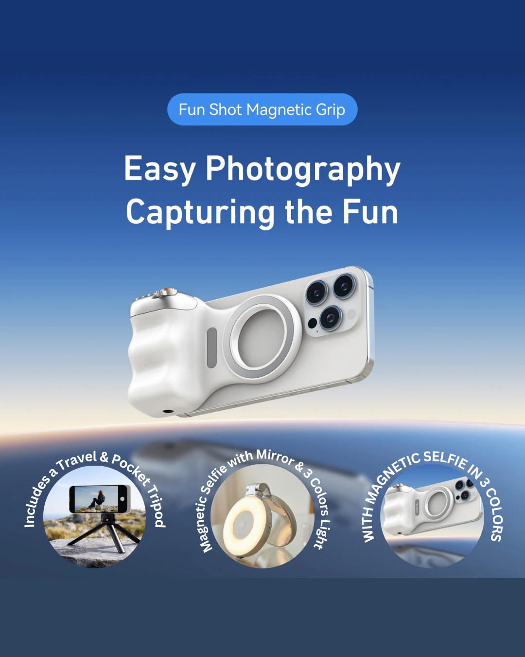GripShot Pro – Magnetic Phone Camera Grip with Shutter & Magnetic Selfie Light 2.0 & Tripod