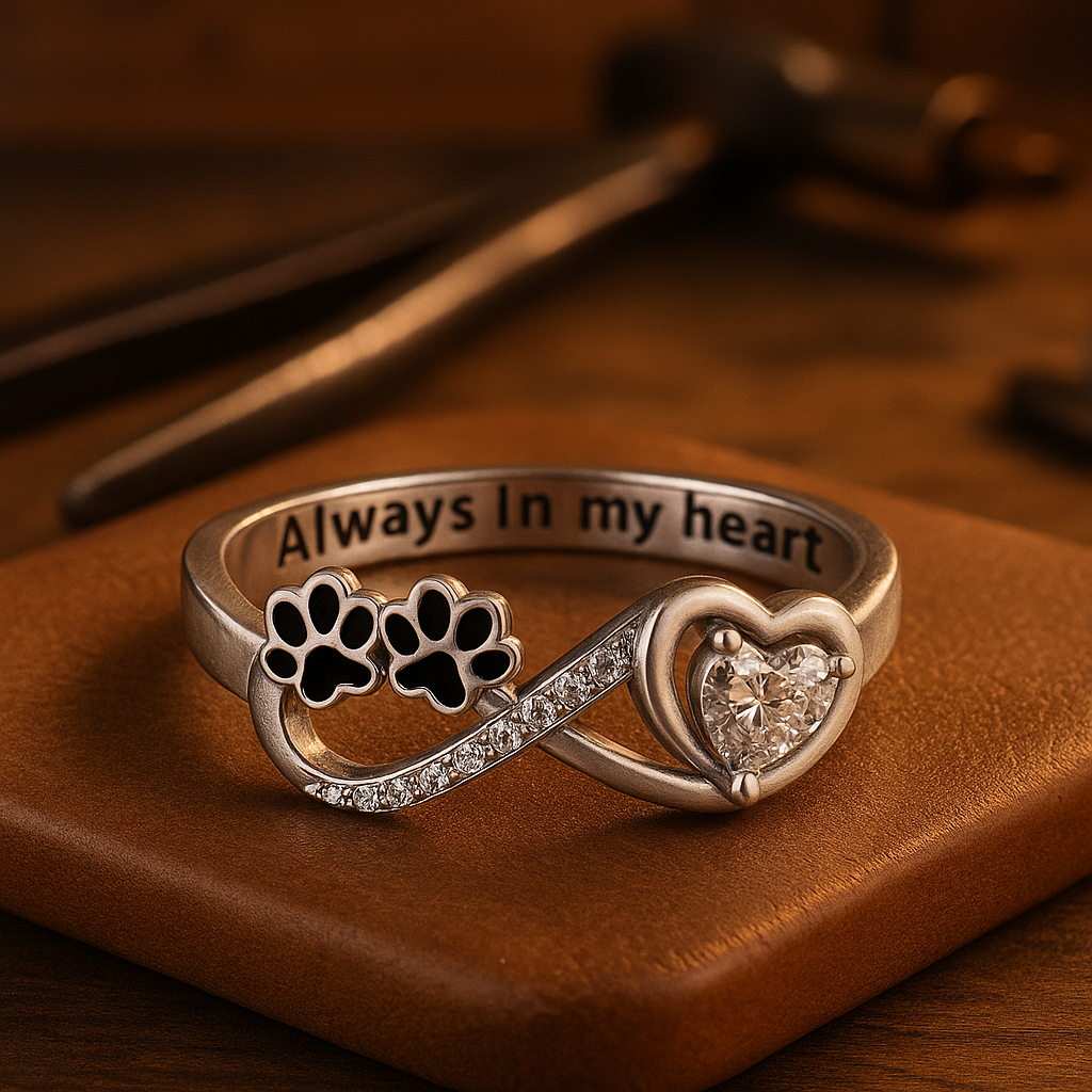 Paw-Shaped Cubic Zirconia Ring with Heart & Infinity Design 💖
