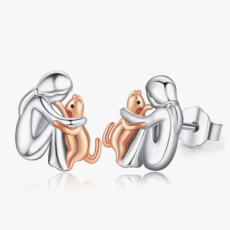 Two-Tone Silver & Rose Gold Cat Hug Earrings 🐱