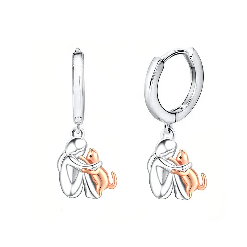 Two-Tone Silver & Rose Gold Cat Hug Earrings 🐱