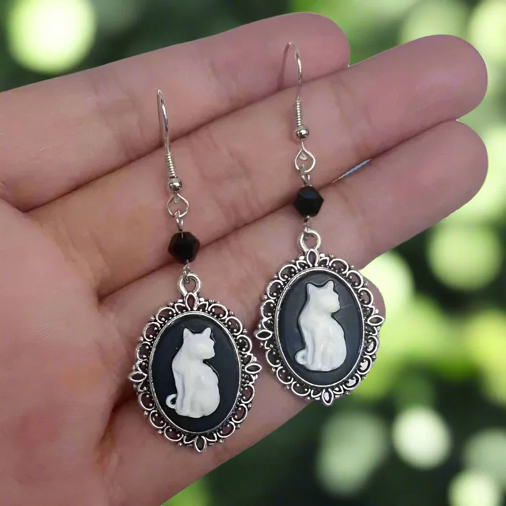 Vintage White Cat Dangle Earrings – Silver-Tone Jewelry for Women