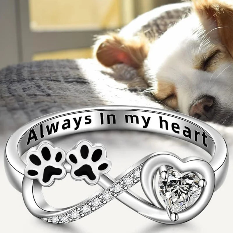 Paw-Shaped Cubic Zirconia Ring with Heart & Infinity Design 💖