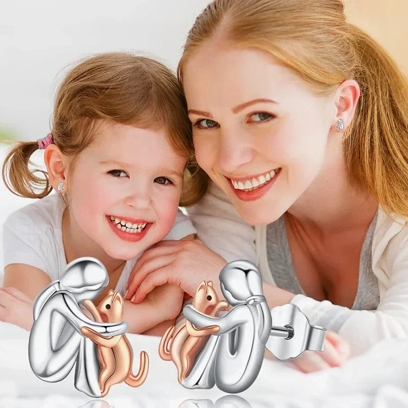 Two-Tone Silver & Rose Gold Cat Hug Earrings 🐱