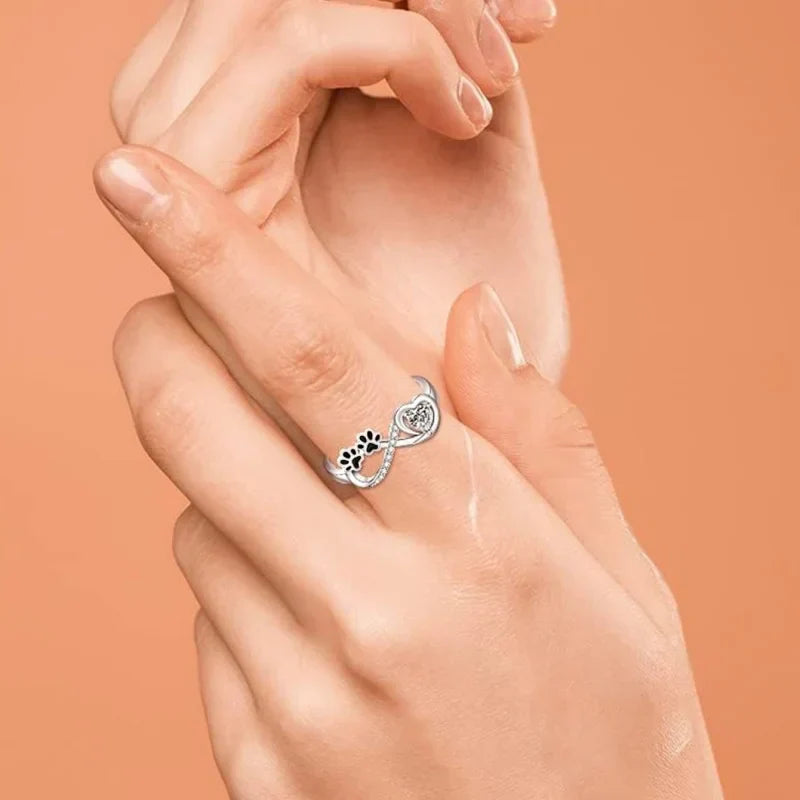 Paw-Shaped Cubic Zirconia Ring with Heart & Infinity Design 💖