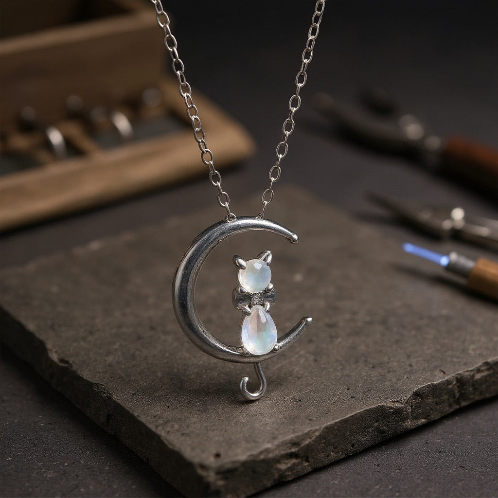 Crescent Moon & Cat Moonstone Necklace