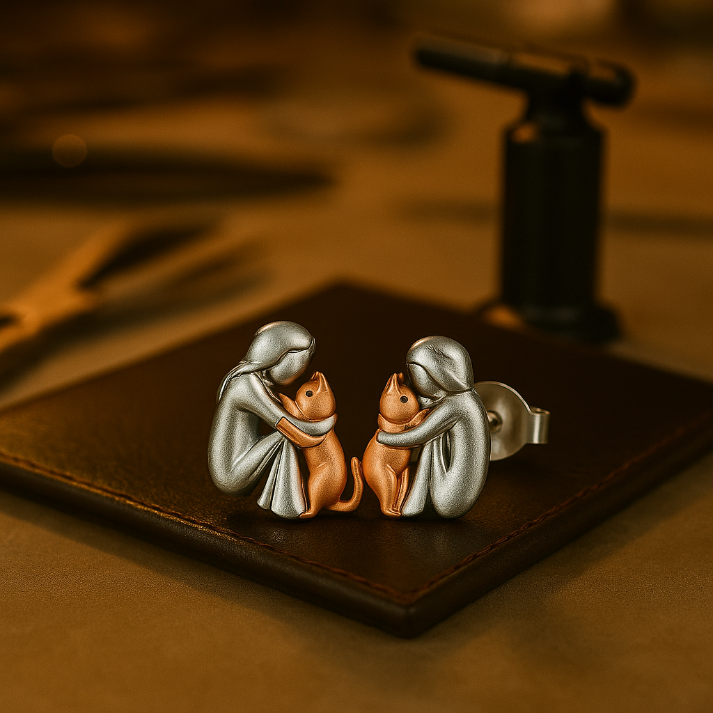 Two-Tone Silver & Rose Gold Cat Hug Earrings 🐱