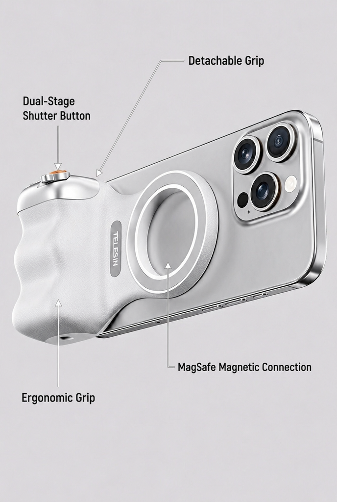 GripShot Pro – Magnetic Phone Camera Grip with Shutter & Magnetic Selfie Light 2.0 & Tripod
