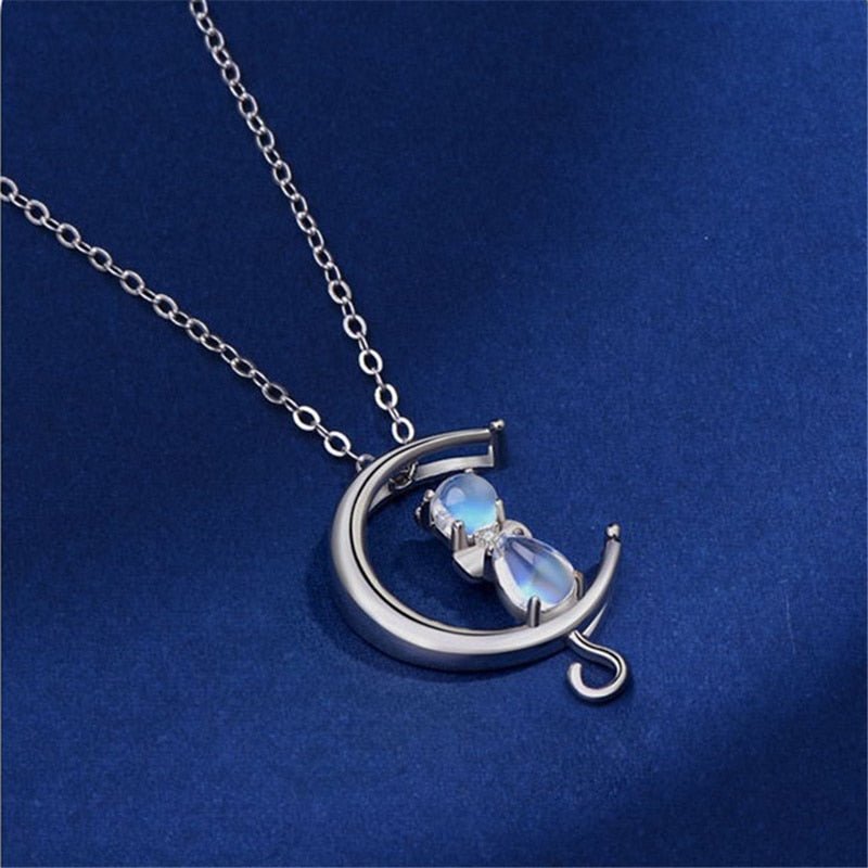 Crescent Moon & Cat Moonstone Necklace