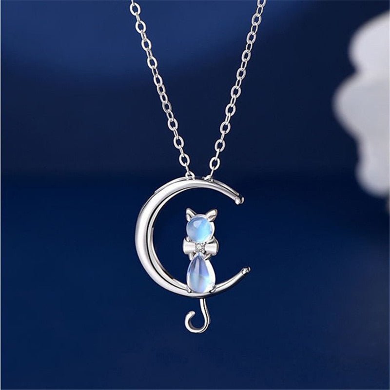 Crescent Moon & Cat Moonstone Necklace