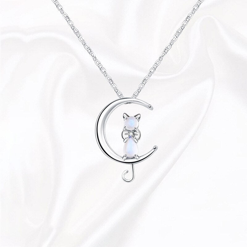 Crescent Moon & Cat Moonstone Necklace